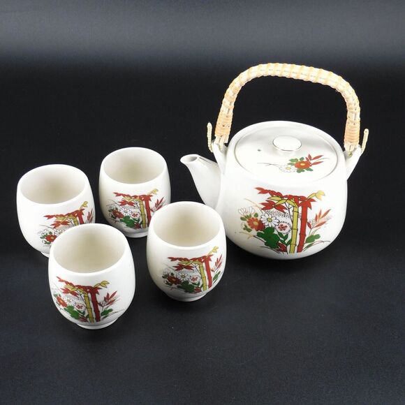 Vintage Armbee Floral Teapot Bamboo Handle Cups Set - Picture 3 of 7
